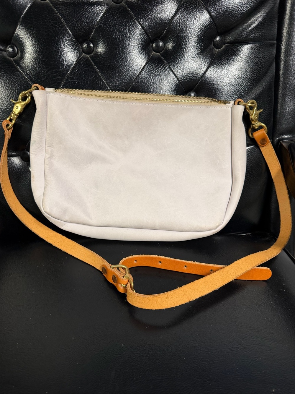 Women's Cream Crossbody Bag with Tan Leather Strap